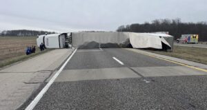 Overturned semi closes I-70 in Indiana
