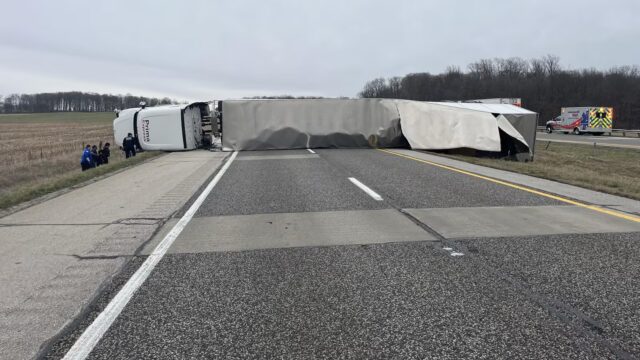 Overturned semi closes I-70 in Indiana